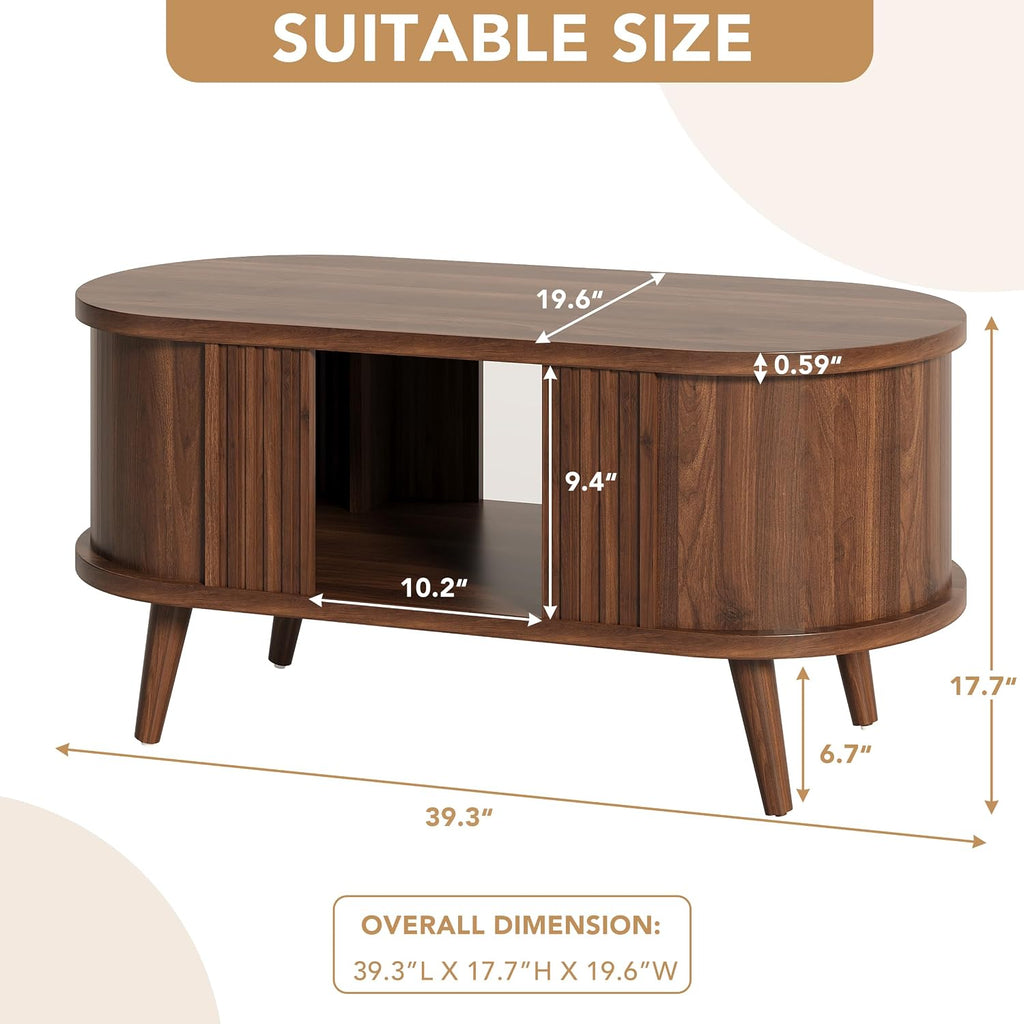 39.3" Walnut Fluted Oval Coffee Table with Storage