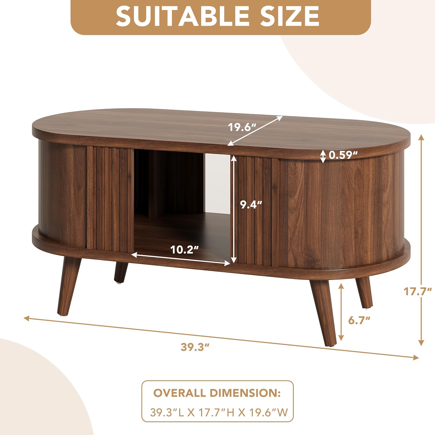 39.3" Walnut Fluted Oval Coffee Table with Storage
