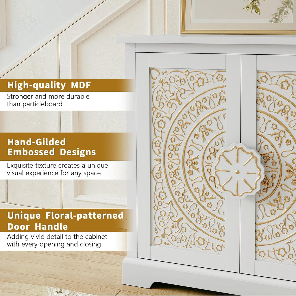 White Floral Embossed Accent Cabinet