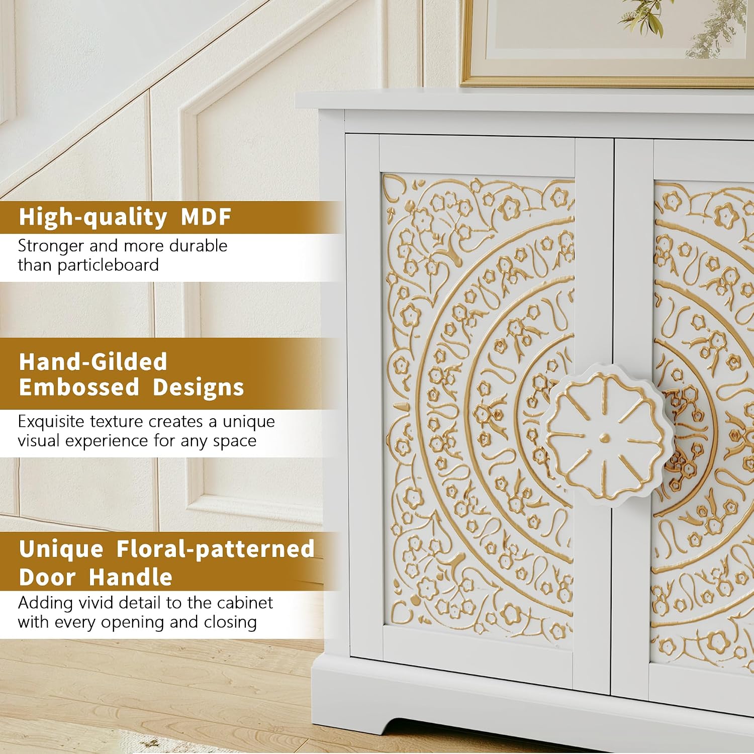 White Floral Embossed Accent Cabinet