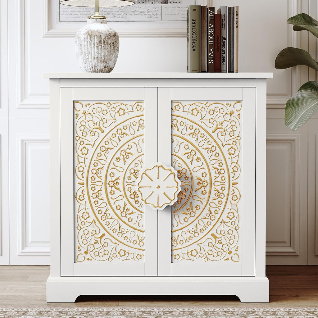 White Floral Embossed Accent Cabinet