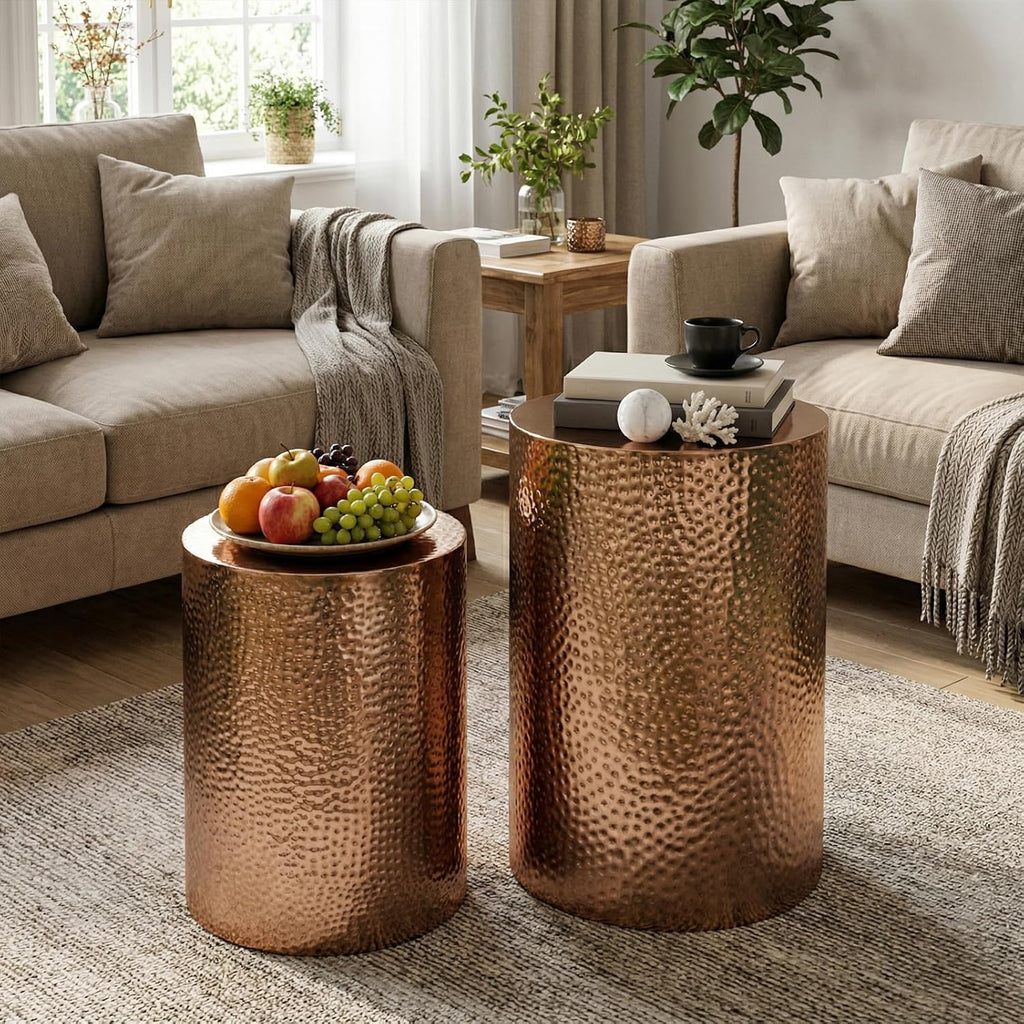 2 Pack Bronze Hammered Metal Round Side Tables