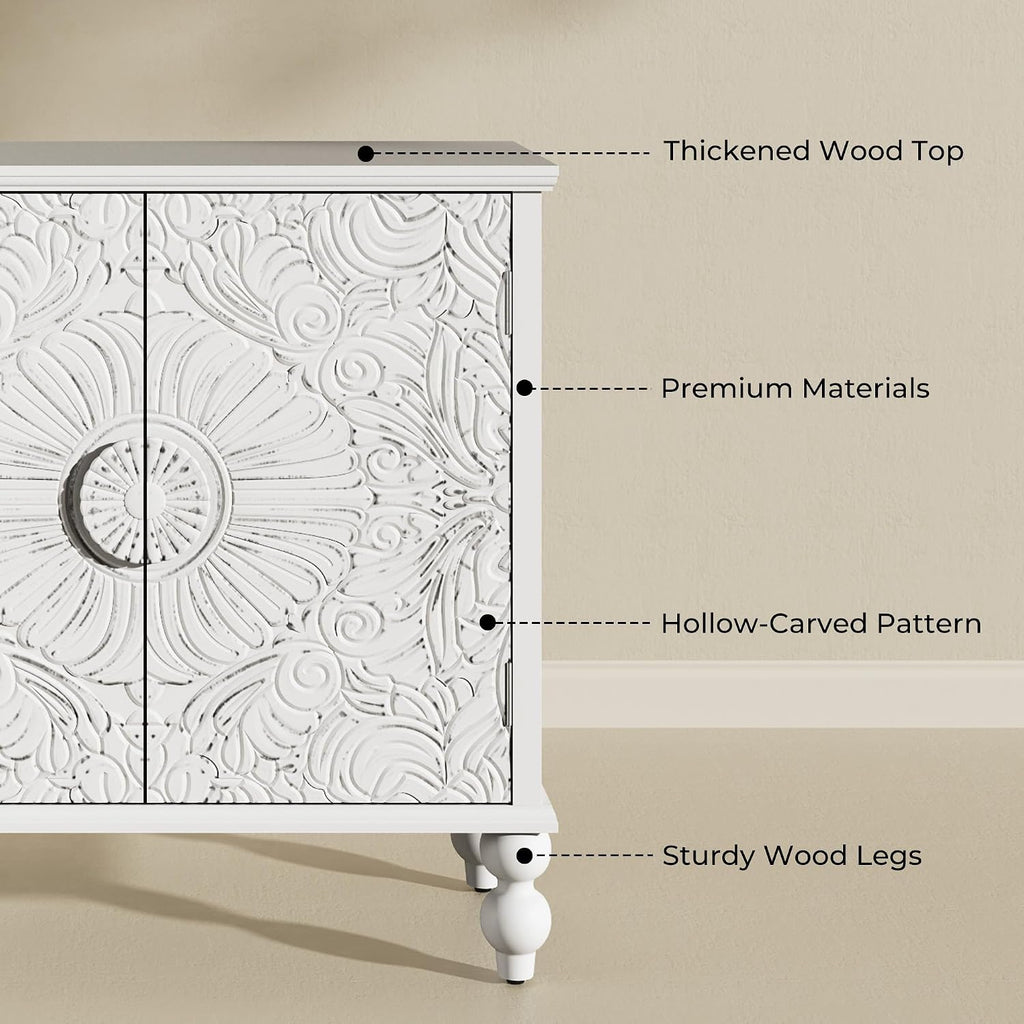 White Solid Wood Carved 2-Door Buffet Cabinet