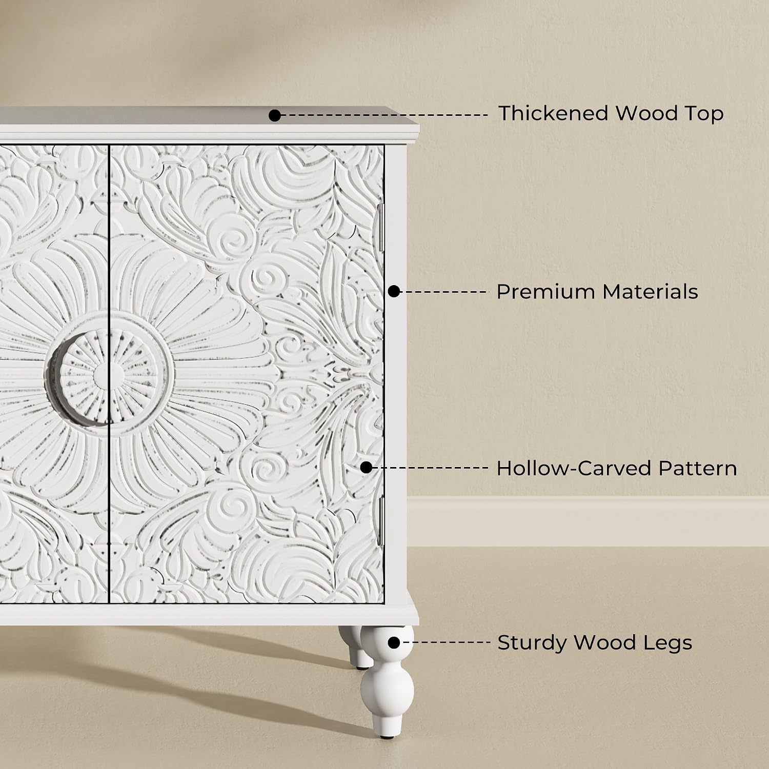 White Solid Wood Carved 2-Door Buffet Cabinet