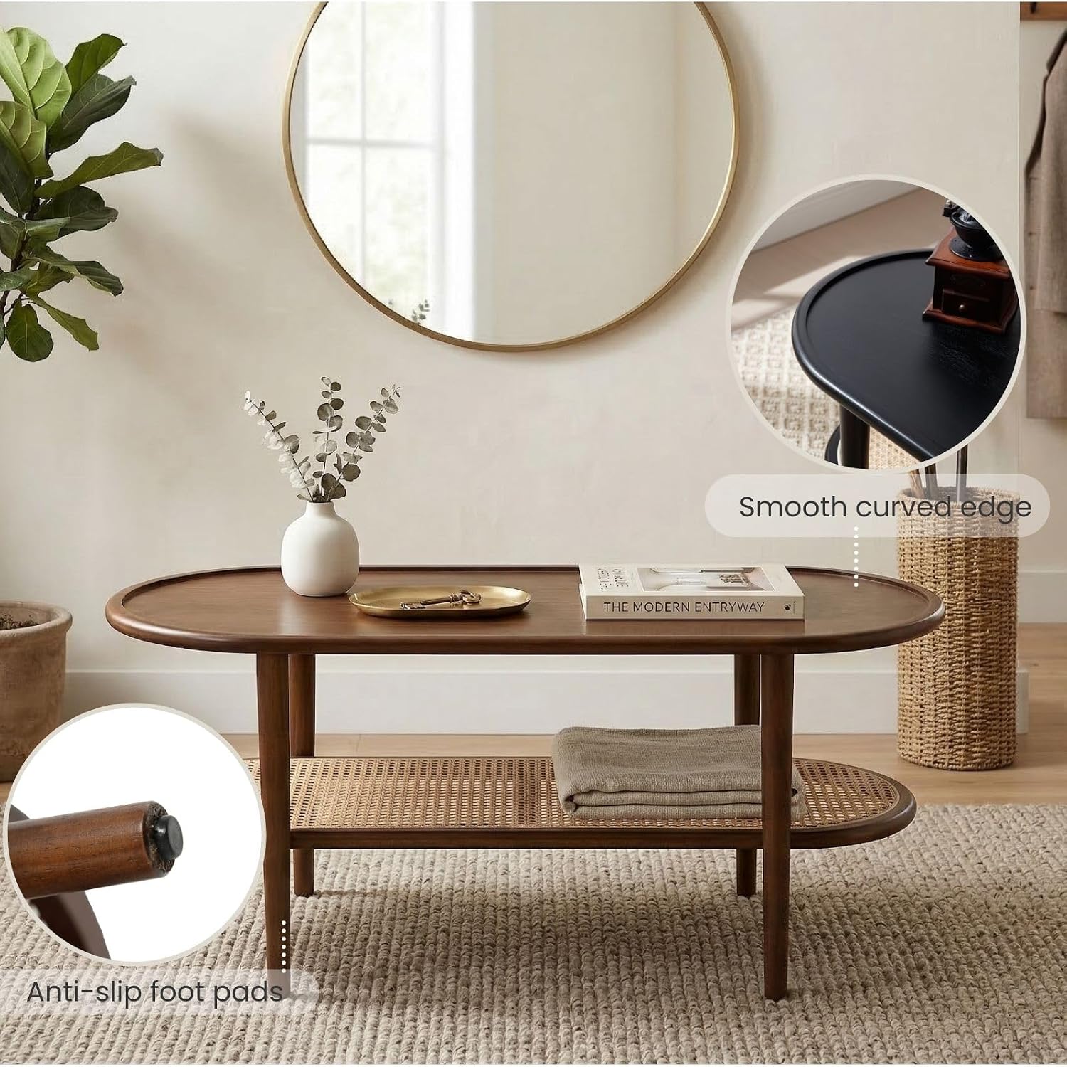 2-Tier Oval Coffee Table with Rattan Shelf