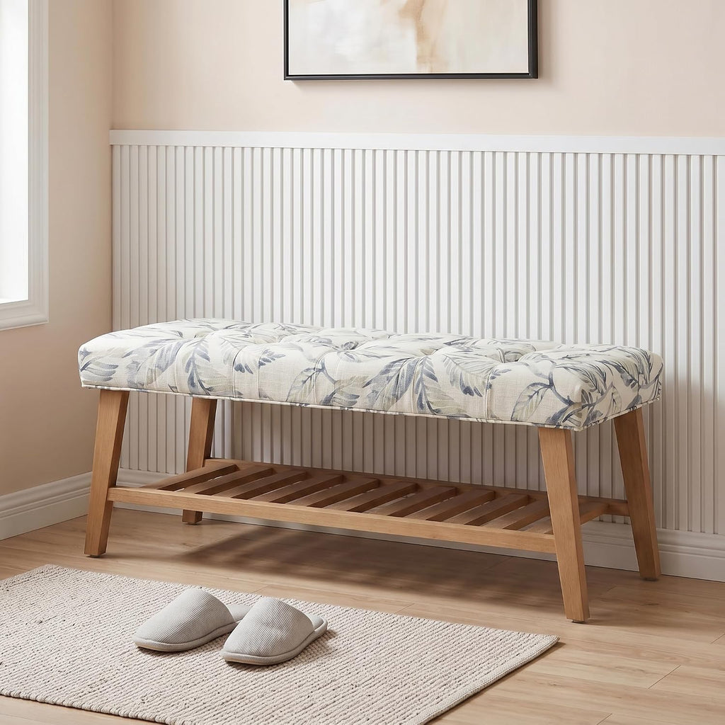 2-Tier Blue Tufted Linen Wood Entryway Bench