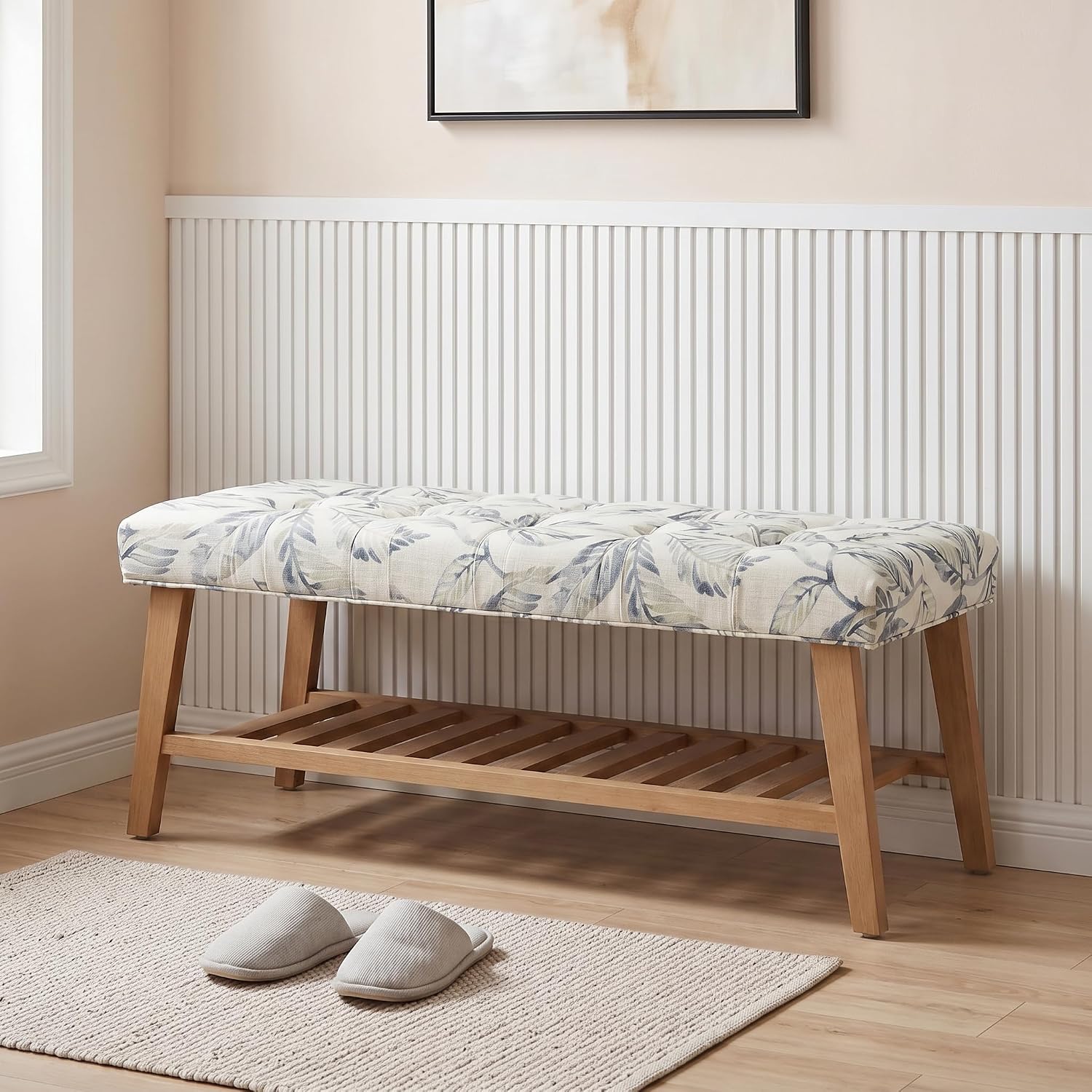 2-Tier Blue Tufted Linen Wood Entryway Bench