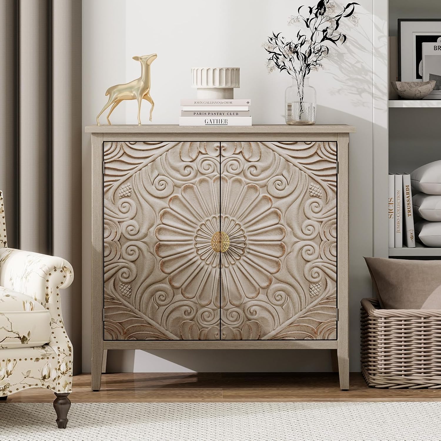 2-Door Carved Wood Sideboard Credenza