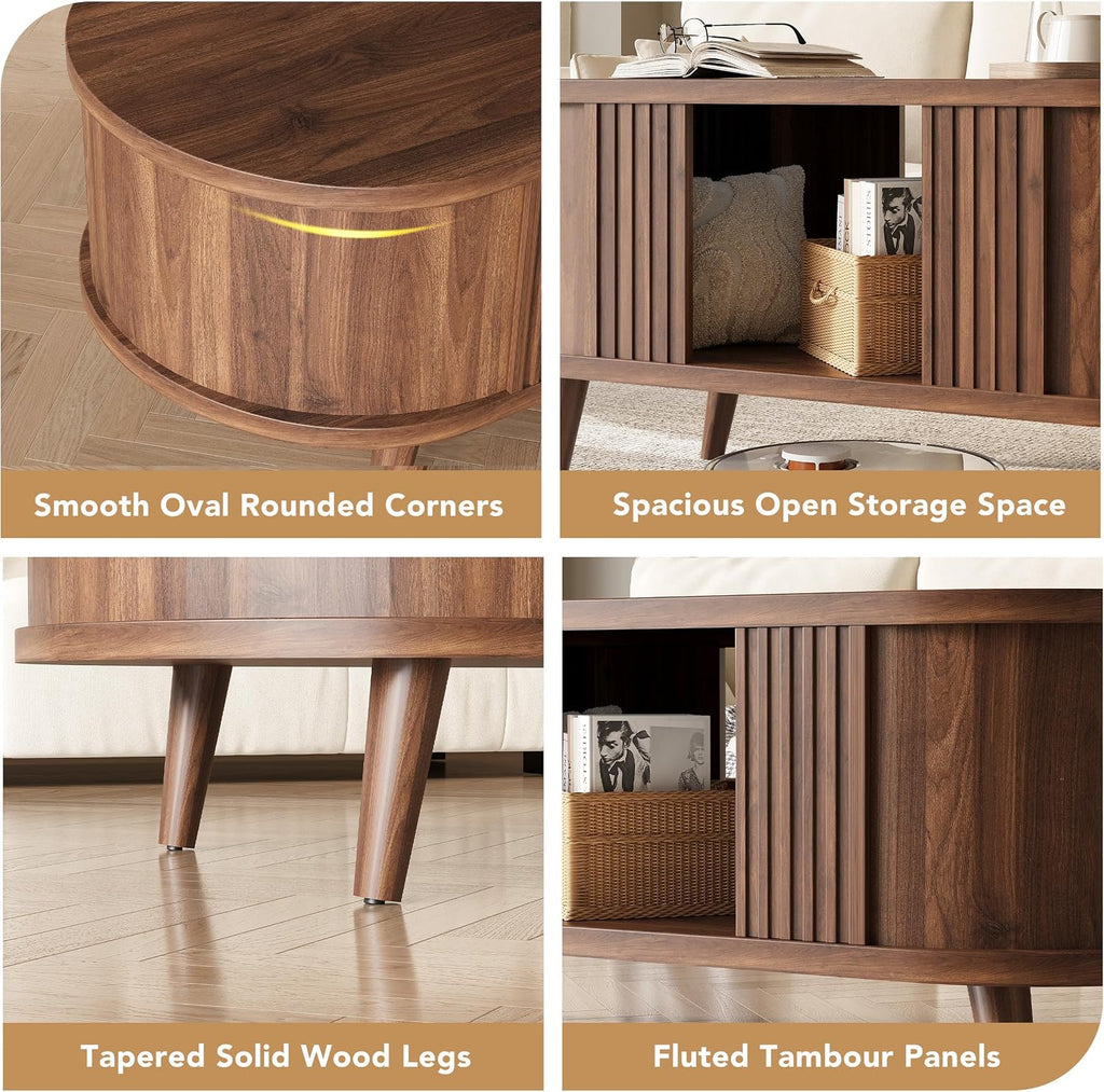 39.3" Walnut Fluted Oval Coffee Table with Storage
