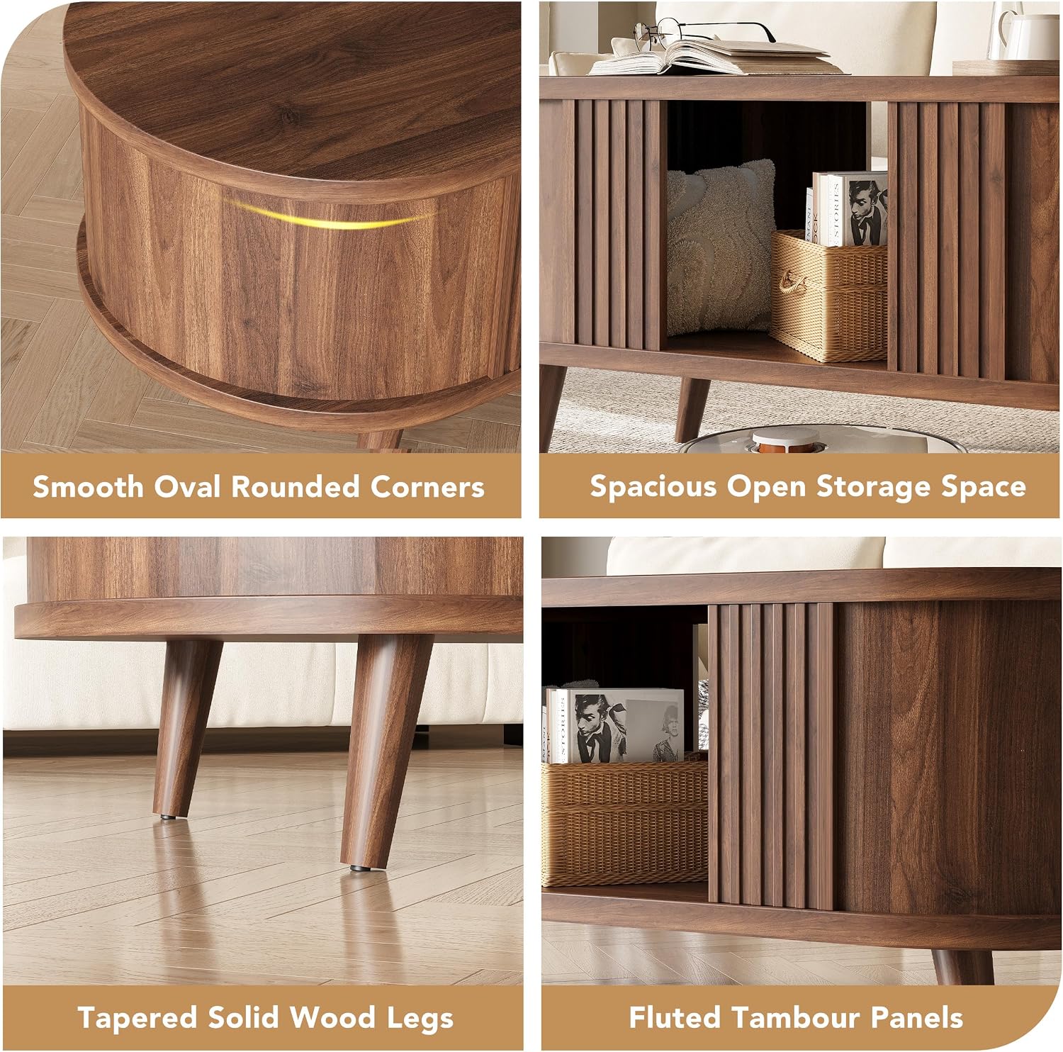 39.3" Walnut Fluted Oval Coffee Table with Storage