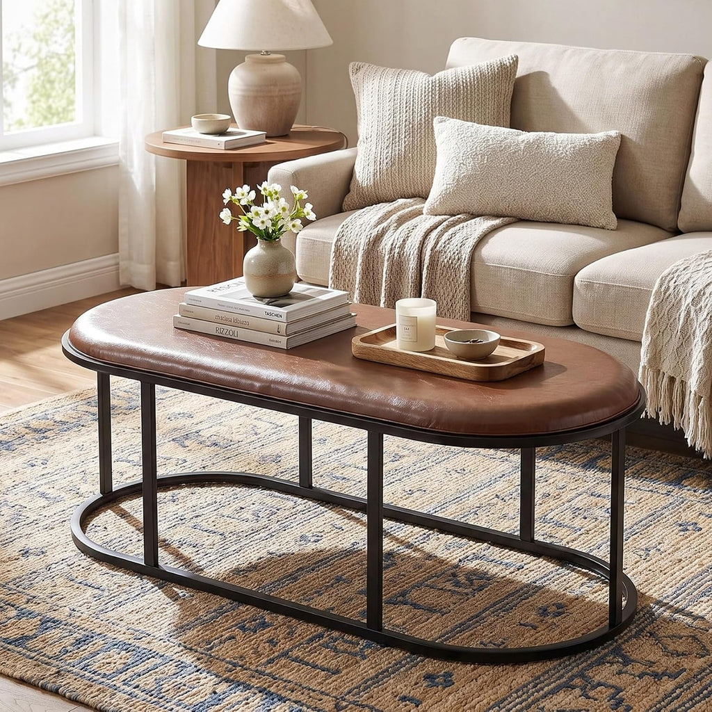 Oval Faux Leather Coffee Table, Black Metal Base