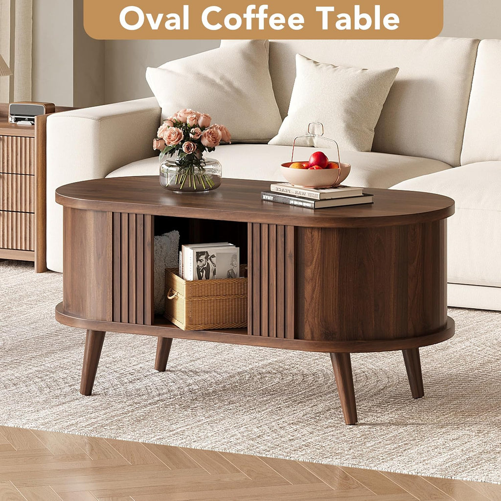 39.3" Walnut Fluted Oval Coffee Table with Storage