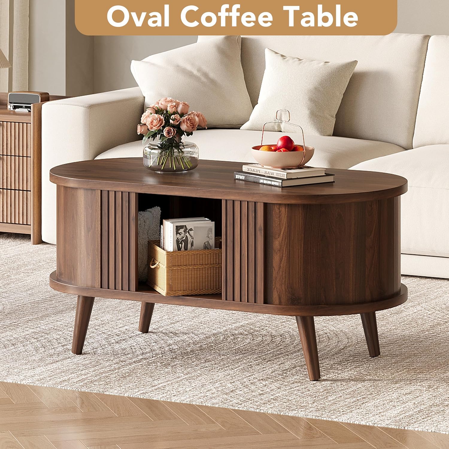 39.3" Walnut Fluted Oval Coffee Table with Storage