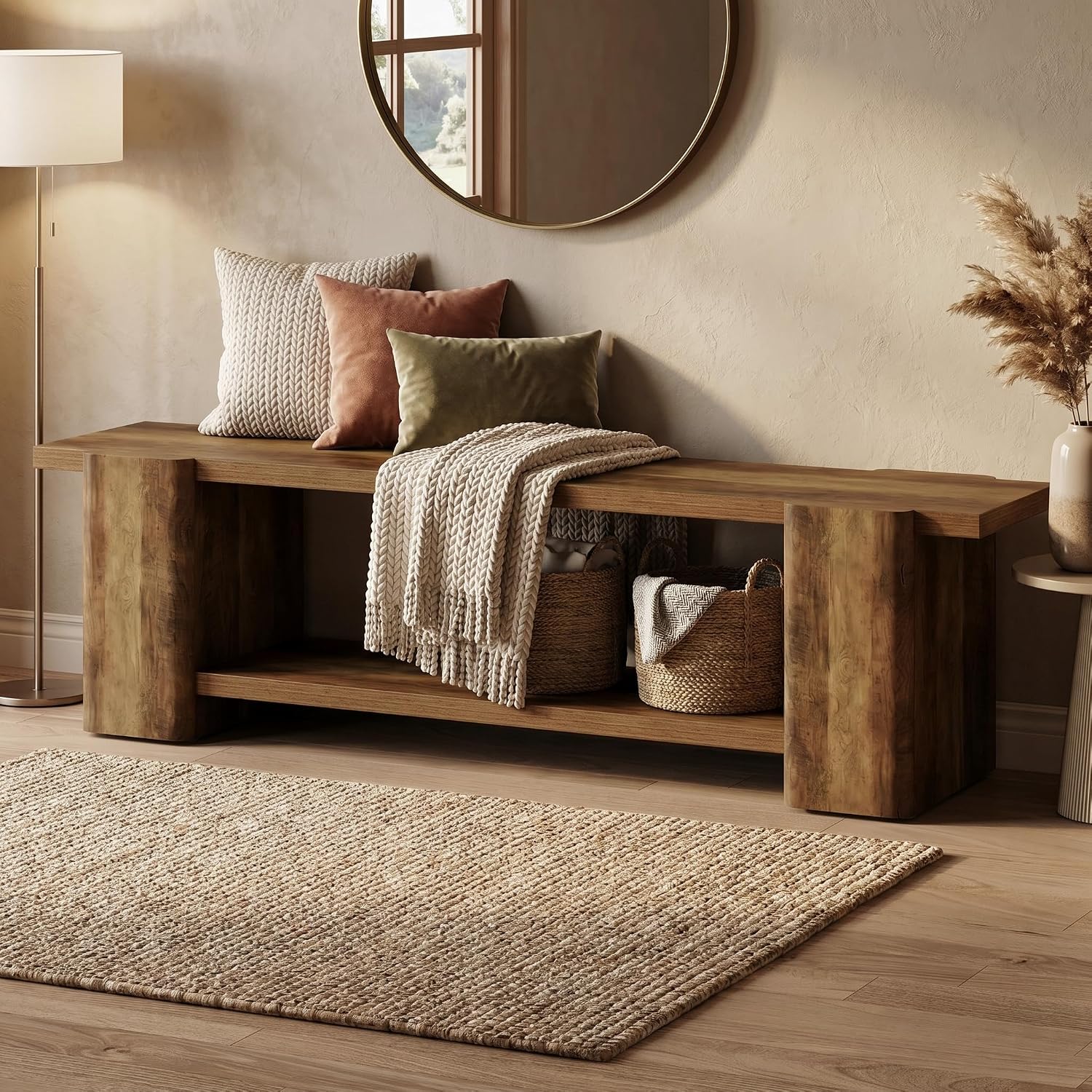 63" Brown Farmhouse Storage Entryway Bench