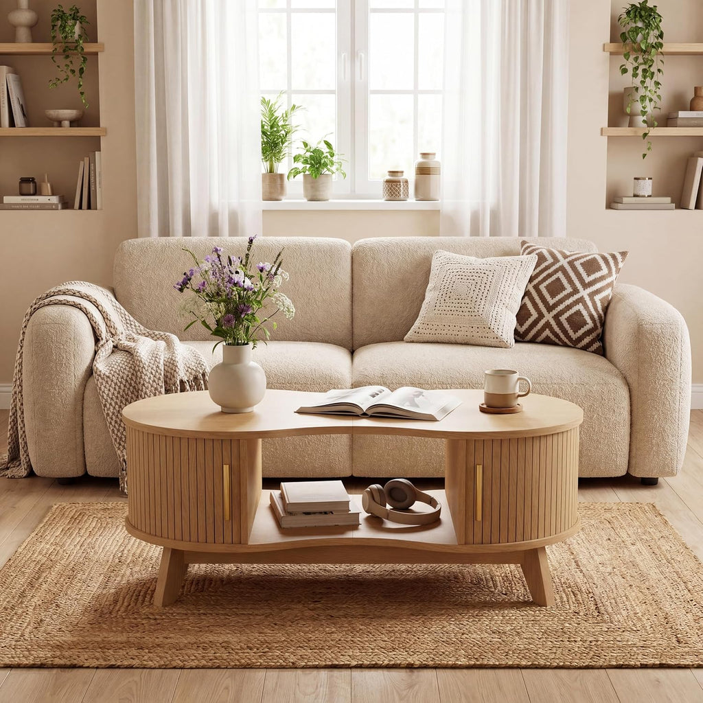 47" Natural Dual Oval Coffee Table with Sliding Door