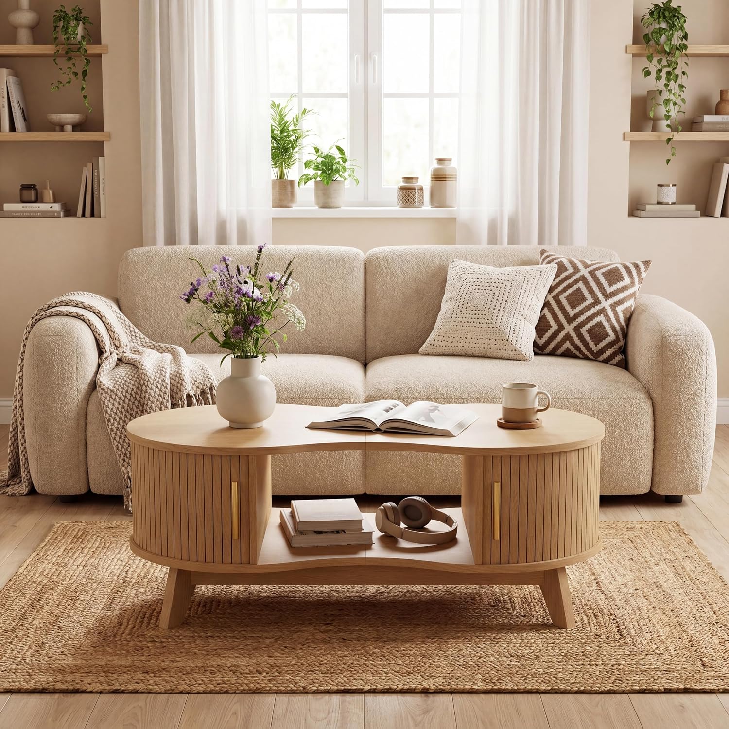 47" Natural Dual Oval Coffee Table with Sliding Door