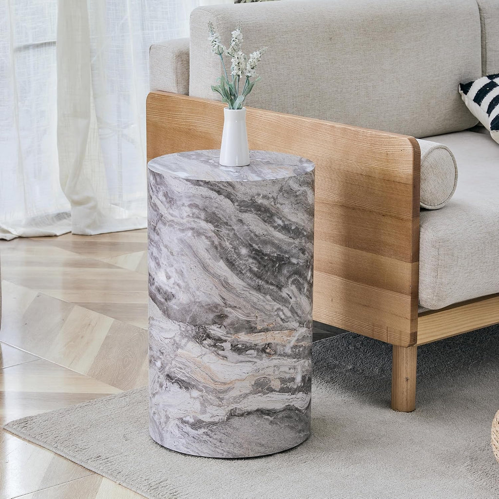 12" Marble Gray Wood Circle Side Table