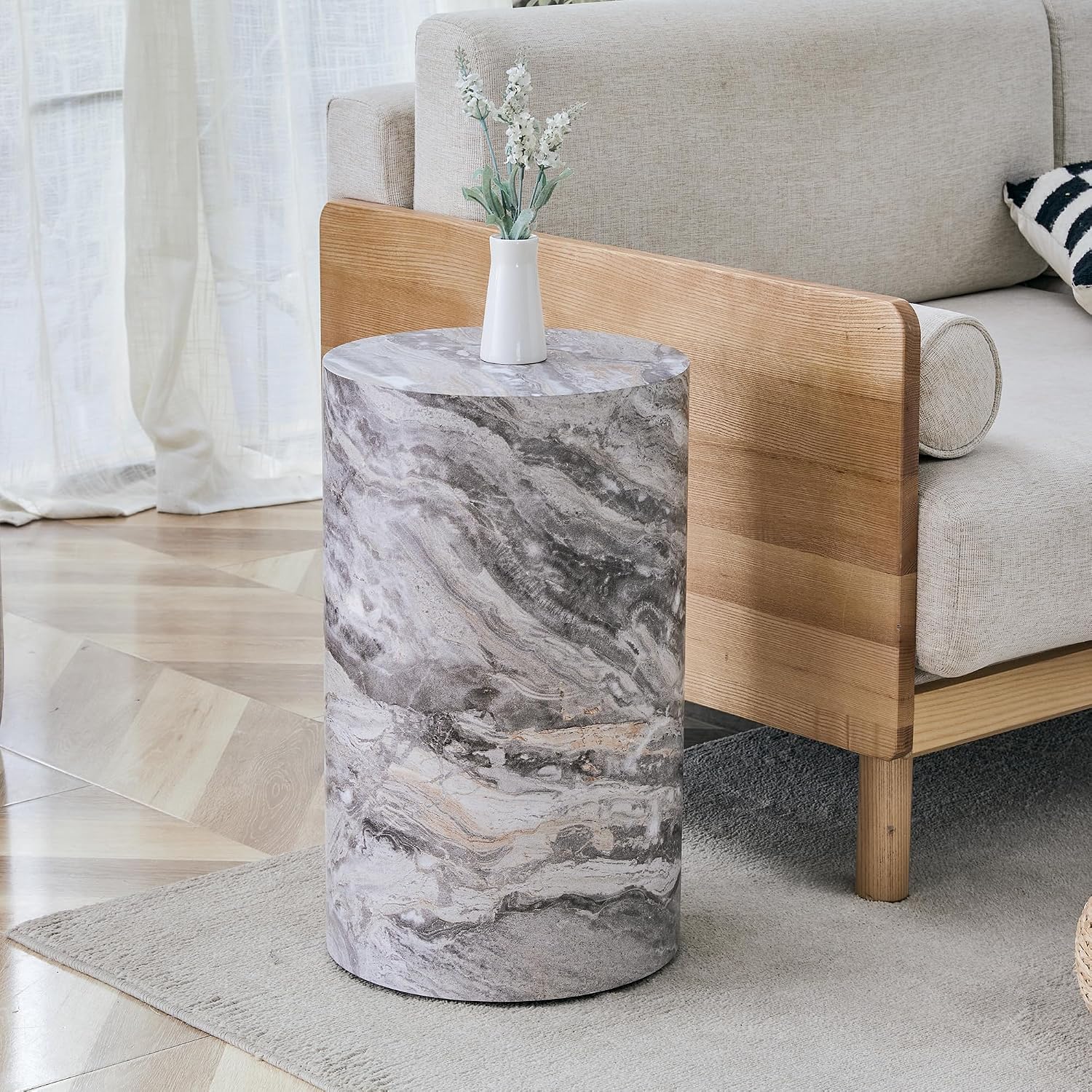 12" Marble Gray Wood Circle Side Table