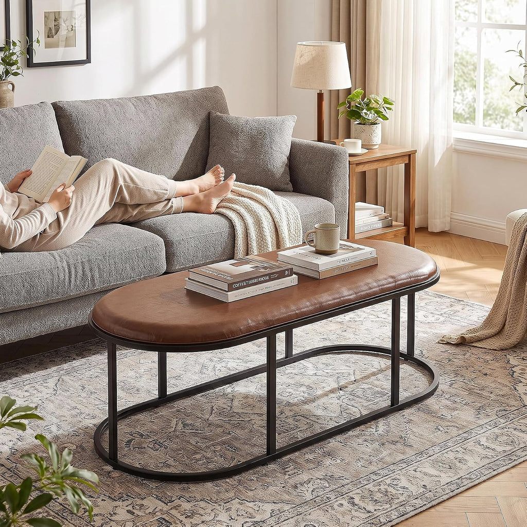 Oval Faux Leather Coffee Table, Black Metal Base