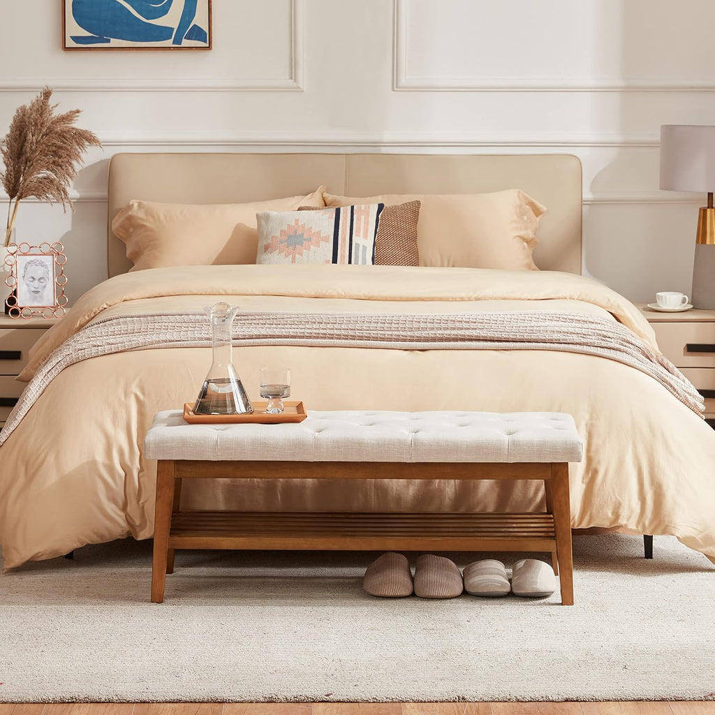 Beige Tufted Upholstered Shoe Bench