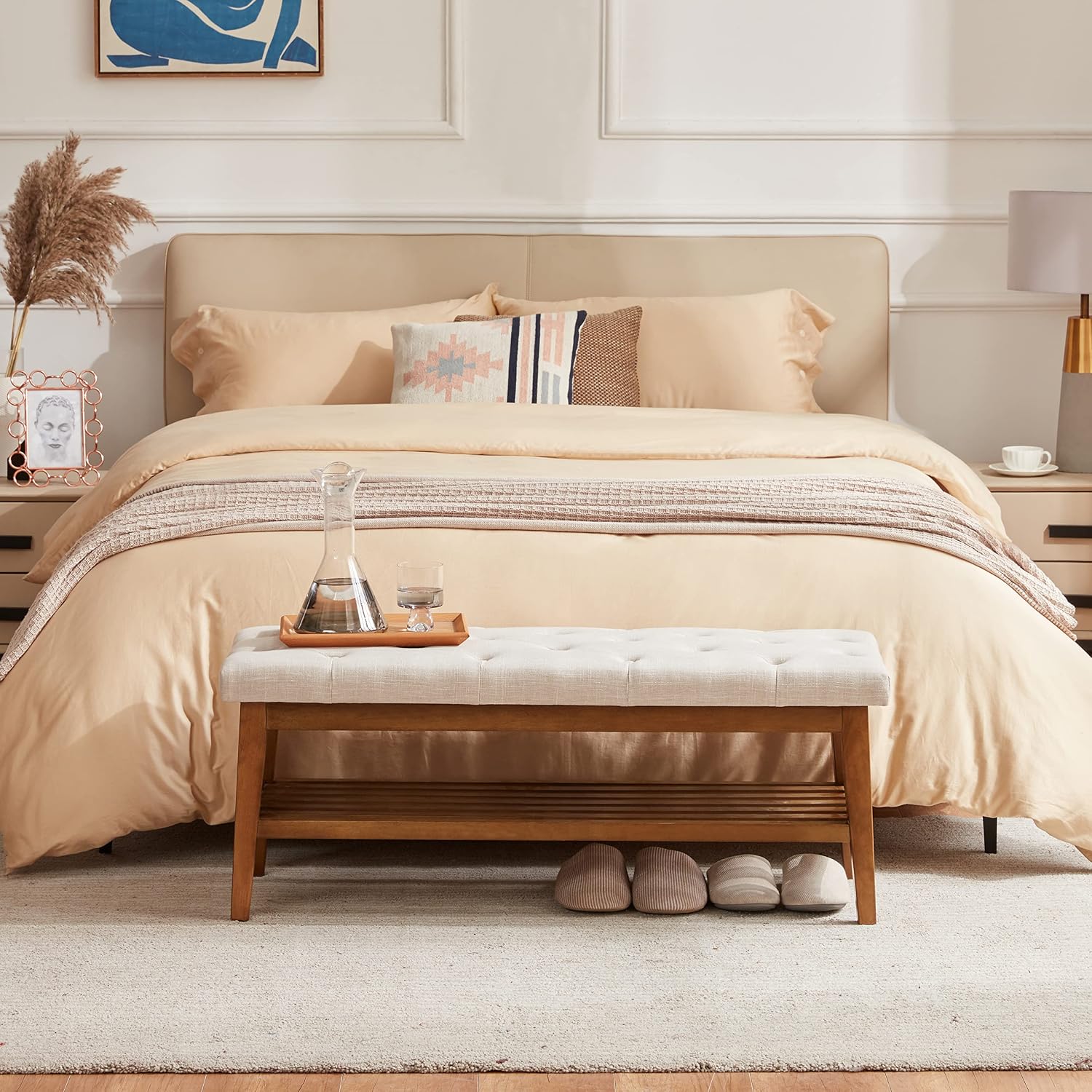 Beige Tufted Upholstered Shoe Bench