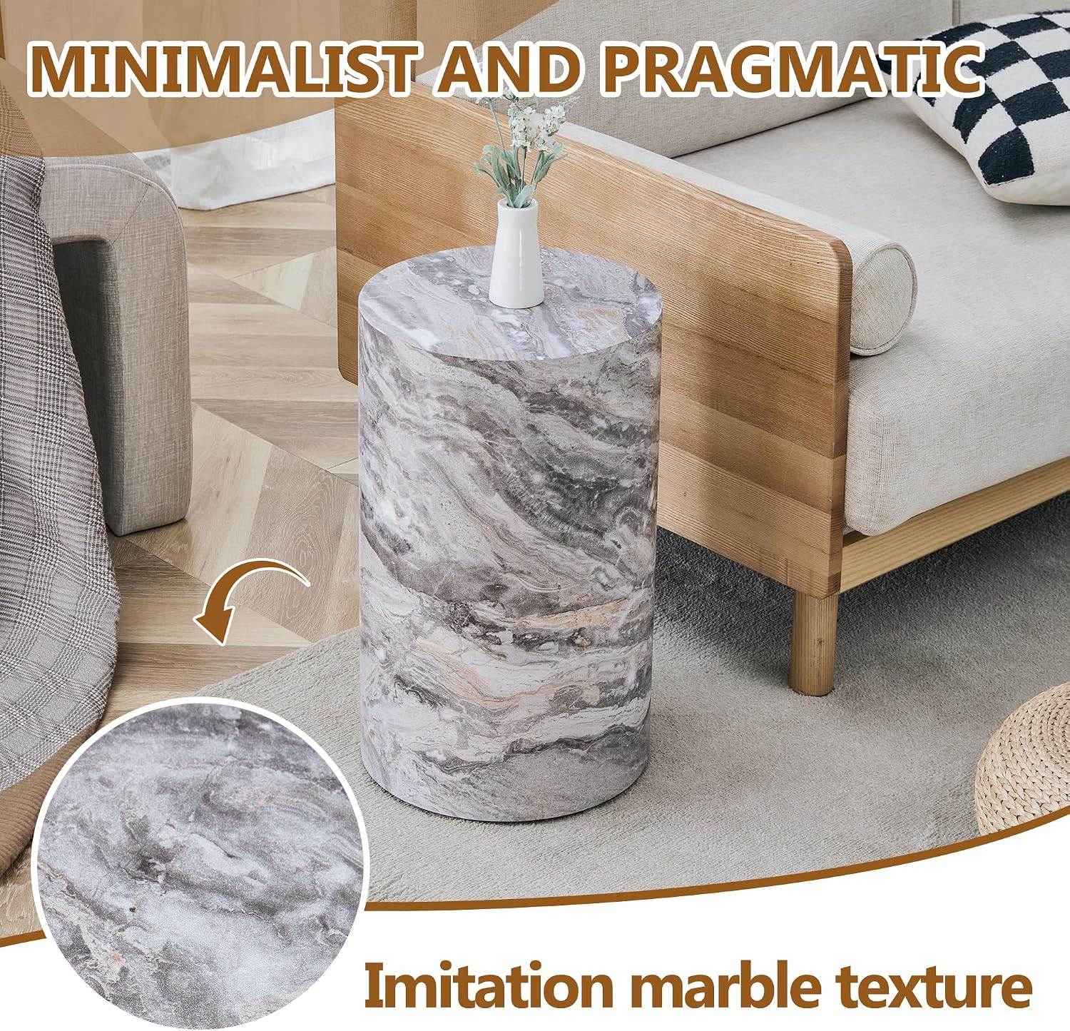 12" Marble Gray Wood Circle Side Table