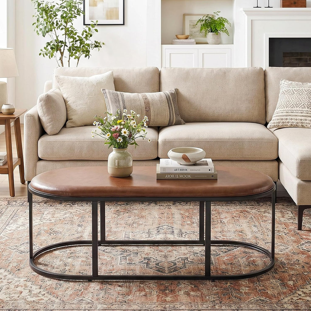 Oval Faux Leather Coffee Table, Black Metal Base