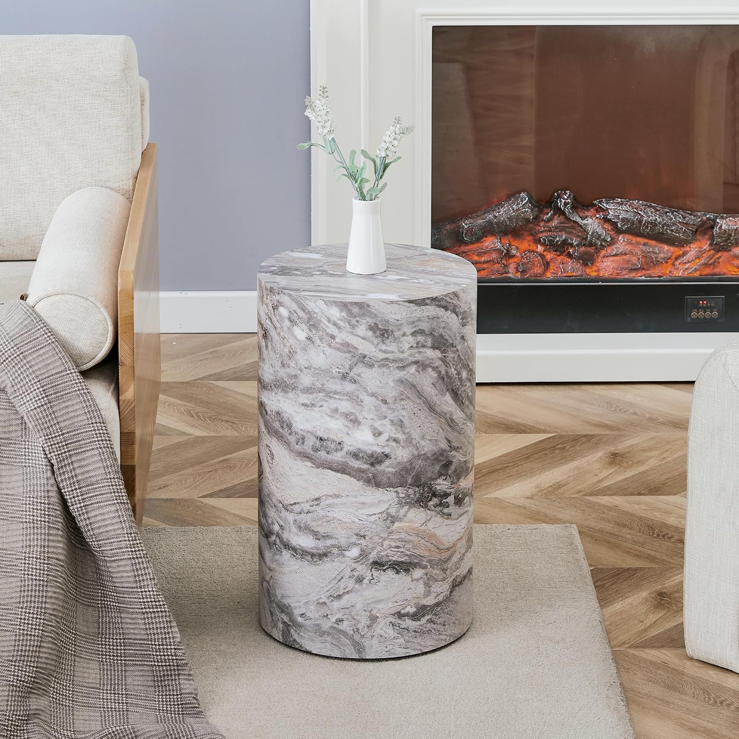 12" Marble Gray Wood Circle Side Table