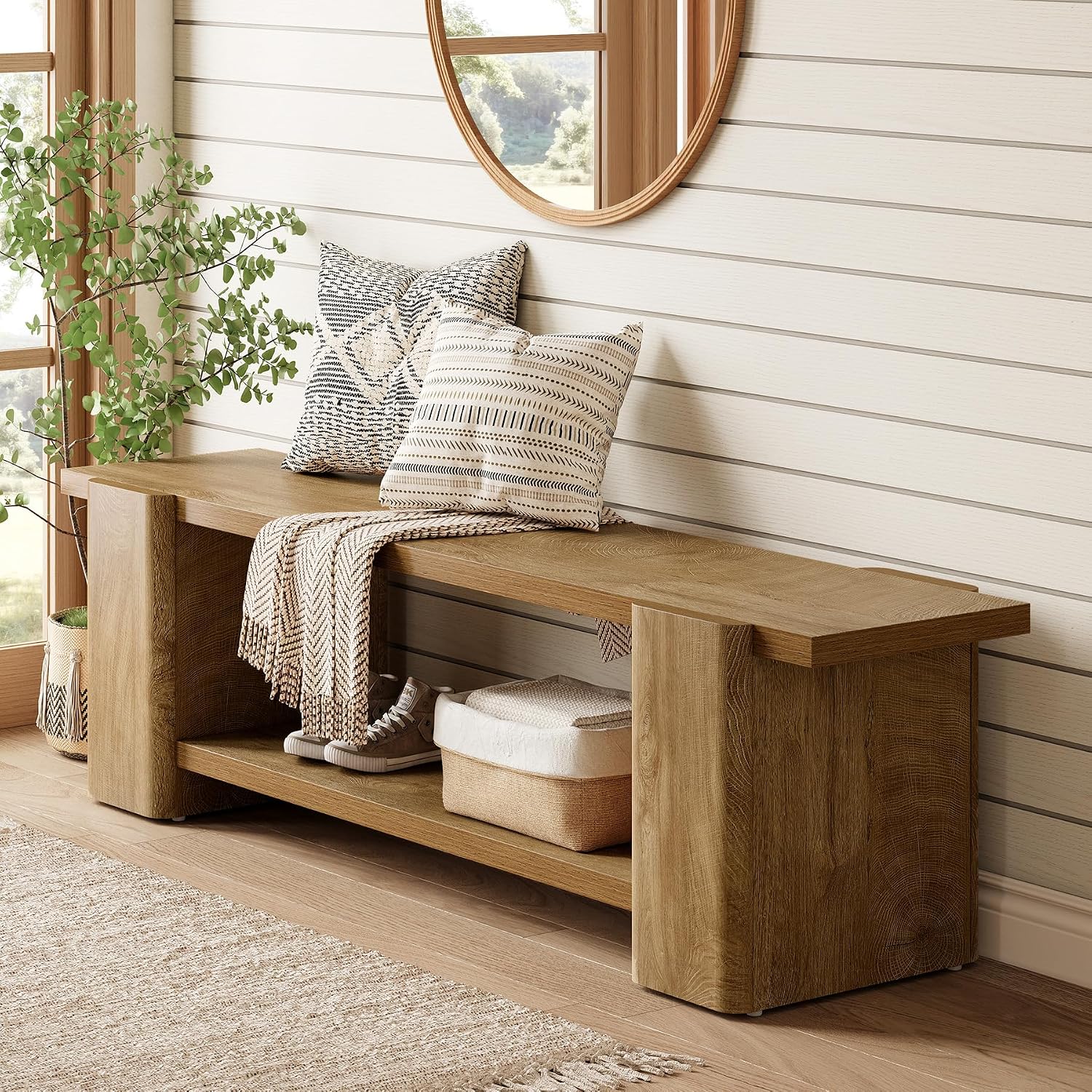 63" Natural Oak Storage Entryway Bench