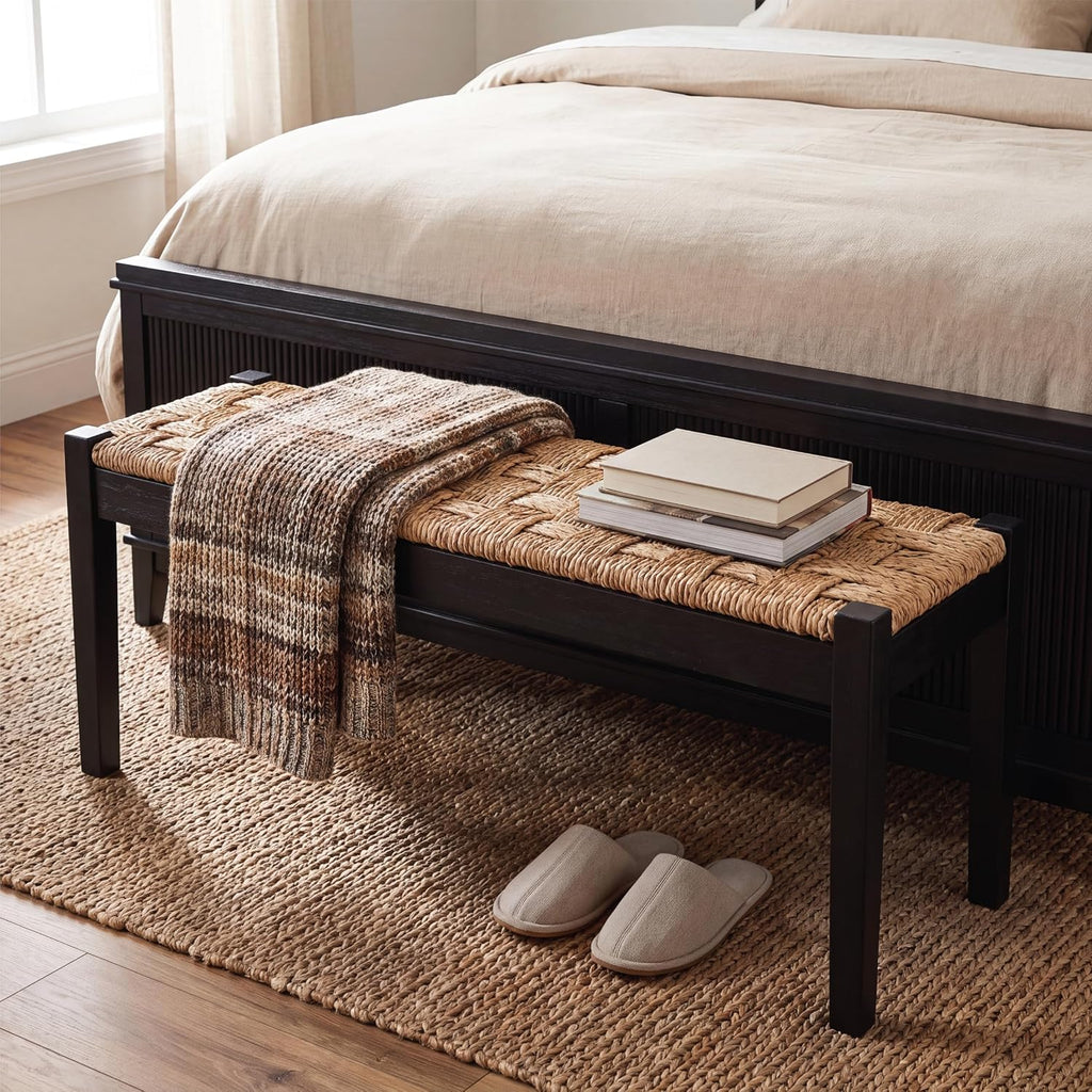 46" Acacia Wood Bench with Seagrass Seat, Black Legs