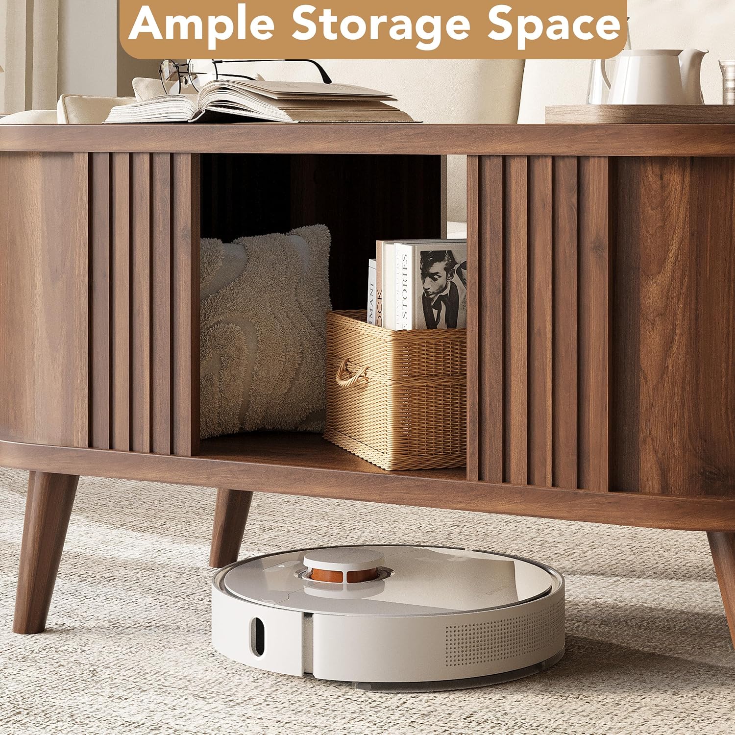 39.3" Walnut Fluted Oval Coffee Table with Storage