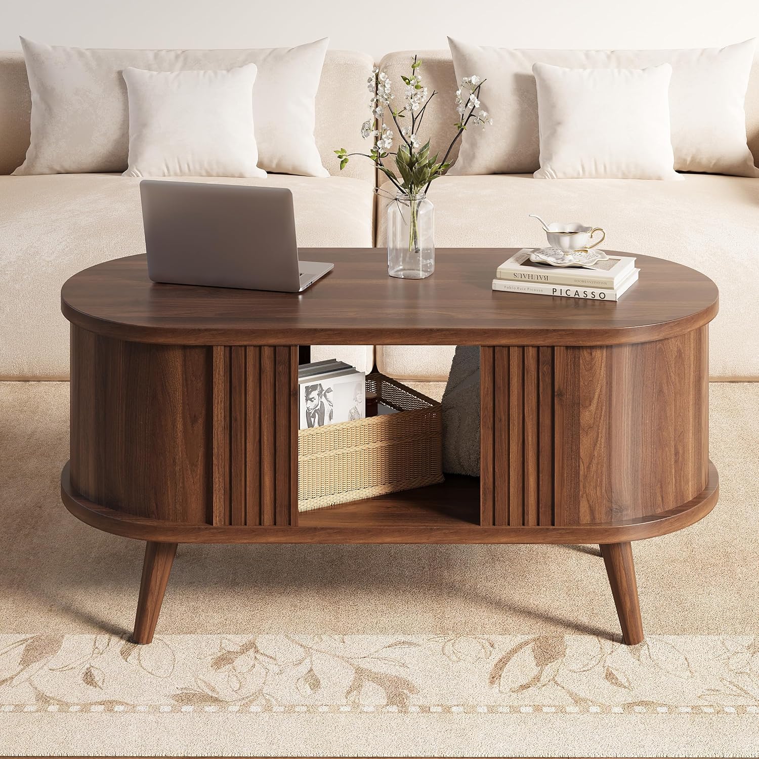 39.3" Walnut Fluted Oval Coffee Table with Storage