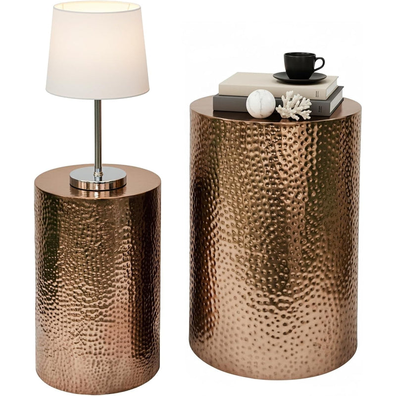 2 Pack Bronze Hammered Metal Round Side Tables